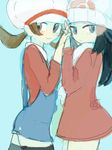  beanie blue_eyes blue_hair blush brown_eyes brown_hair coat female friends hand_holding hat hikari_(pokemon) hikari_(pokemon_platinum) kotone_(pokemon) long_hair looking_at_viewer low_twintails lowres multiple_girls nintendo pokemon pokemon_(anime) pokemon_(game) pokemon_dppt pokemon_hgss short_hair simple_background smile standing suspenders twintails winter_clothes yuri 