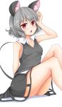  animal_ears bare_arms breasts grey_hair hand_on_own_head highres mouse_ears mouse_tail nazrin open_mouth red_eyes short_hair simple_background sitting skirt sleeveless small_breasts solo tail tokoya_(ex-hetare) touhou white_background 