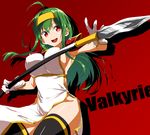  :d ahoge black_legwear bouncing_breasts breasts carrie_(sennen_sensou_aigis) cowboy_shot gloves green_hair large_breasts long_hair open_mouth polearm red_background red_eyes sennen_sensou_aigis shoulder_armor sideboob smile solo spaulders spear thighhighs v-shaped_eyebrows weapon yukipone 
