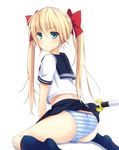  ass bangs blonde_hair blue_eyes blush bow breasts commentary_request covered_nipples eyebrows_visible_through_hair hair_between_eyes hair_bow highres long_hair looking_at_viewer midriff mijinko_(rioriorio) navy_blue_legwear original panties pleated_skirt school_uniform serafuku short_sleeves skirt skirt_lift small_breasts solo striped striped_panties twintails underwear 