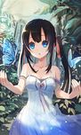  bare_shoulders black_hair blue_eyes bow breasts bug butterfly collarbone dress eyebrows_visible_through_hair hair_ribbon highres insect long_hair looking_at_viewer medium_breasts nature noza_(amanogawa0106) open_mouth original outdoors path pink_ribbon plant ribbon road sleeveless sleeveless_dress solo tree twintails 