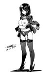  blush breasts gloves greyscale highres kantai_collection large_breasts monochrome no_bra no_pants open_clothes panties short_hair solo tachibana_roku takao_(kantai_collection) thighhighs underwear 
