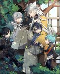  armor bird black_hair blue_eyes blue_hair child closed_eyes eyepatch fang grin hakama ichigo_hitofuri in_tree japanese_armor japanese_clothes kiragera kogitsunemaru male_focus mikazuki_munechika multiple_boys necktie shokudaikiri_mitsutada shoulder_armor sitting sitting_in_tree sleeping sleeping_upright smile sode time_paradox touken_ranbu tree tsurumaru_kuninaga white_hair yellow_eyes younger 