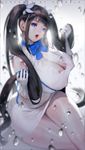  black_hair blue_eyes blue_ribbon breasts cleavage covered_nipples curvy dungeon_ni_deai_wo_motomeru_no_wa_machigatteiru_darou_ka gloves hestia_(danmachi) highres huge_breasts long_hair looking_at_viewer nightmadness parted_lips rei_no_himo ribbon skindentation solo thick_thighs thighs twintails very_long_hair water white_gloves wide_hips 