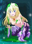  1girl bare_shoulders blonde_hair blue_eyes blush breasts collet_brunel jewelry long_hair navel open_mouth pantyhose shoes slime tales_of_(series) tales_of_symphonia tears torn_clothes 