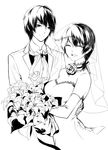  1girl ansatsu_kyoushitsu bare_shoulders bouquet bridal_veil couple dress elbow_gloves flower formal gloves good_end greyscale hetero highres koro-sensei monochrome ninebirds short_hair smile spoilers suit veil wedding_dress yukimura_aguri 