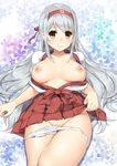  aoten blush breasts brown_eyes hair_ribbon hairband highres japanese_clothes kantai_collection large_breasts long_hair lying nipples on_back open_clothes panties panty_pull ribbon shoukaku_(kantai_collection) silver_hair smile solo underwear 