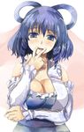  bare_shoulders blue_eyes blue_hair blush breast_hold breasts cleavage commentary_request detached_sleeves fingers_to_mouth hair_rings kaku_seiga large_breasts long_hair looking_at_viewer open_mouth smile solo touhou upper_body yohane 