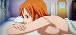  1girl breast_press breasts brown_eyes crossed_arms female lying nami nami_(one_piece) on_stomach one_piece orange_hair scar screencap short_hair sideboob solo stitched 