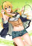 bad_id bad_pixiv_id blonde_hair breasts green_eyes headphones hoshii_miki idolmaster idolmaster_(classic) idolmaster_one_for_all inu_(marukome) jacket large_breasts long_hair midriff navel off_shoulder open_clothes open_jacket open_mouth shirt shorts smile solo stomach v very_long_hair vest 