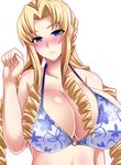  1girl bikini blonde_hair blue_eyes blush breasts character_request collarbone copyright_request drill_hair female huge_breasts long_hair long_twintails megane_man shiny_skin simple_background solo source_request standing swimsuit twintails upper_body white_background 