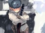  blue_eyes blush brown_gloves crossed_arms fur_hat gloves ground_vehicle gun hat light_brown_hair military military_uniform military_vehicle motor_vehicle original ppsh-41 red_star shibafu_(glock23) short_hair snow solo soviet star submachine_gun tank uniform ushanka weapon world_war_ii 