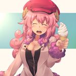  ^_^ blush breasts cleavage closed_eyes curly_hair food food_on_face hat horns ice_cream kuromiya kuzakura_mika large_breasts open_mouth original pink_hair sheep_horns smile solo 