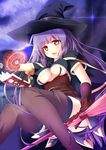  breasts broom broom_riding capelet cleavage corset erect_nipples garter_straps gloves gradient gradient_background kaku-san-sei_million_arthur kur kur_(kur0320) long_hair magic magic_circle moon night_(sky) no_bra purple_hair sitting thigh_boots thighhighs underboob witch witch_hat yellow_eyes 