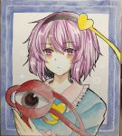  1girl blue_dress blush closed_mouth collared_dress commentary_request dress eyebrows_visible_through_hair fingernails hair_between_eyes hairband heart highres komeiji_satori looking_at_viewer photo purple_eyes purple_hair solo tanaji third_eye touhou traditional_media 