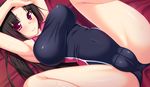  1girl akuyome!_akuma_na_yome_ni_shiborareru armpits arms_up ayame_(akuyome) bed black_hair blush breasts cameltoe game_cg highres huge_breasts legs long_hair looking_at_viewer lying mero red_eyes smile solo spread_legs sweat swimsuit thighs 