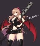  bad_id bad_pixiv_id bat_wings black_legwear blonde_hair bow breasts buckle buttons cleavage dungeon_and_fighter female_gunner_(dungeon_and_fighter) flamethrower grey_background hair_bow hand_on_hip highres korean large_breasts launcher_(dungeon_and_fighter) long_hair miniskirt navel panties parted_lips red_eyes shaojiang simple_background skirt solo thighhighs underwear weapon white_panties wings 