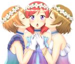  :o bad_id bad_pixiv_id bangle bangs bare_shoulders blush bracelet brown_hair cheek_kiss choker closed_eyes double_cheek_kiss flower girl_sandwich gloves hair_flower hair_ornament hands_on_own_chest hands_together head_wreath hoshizora_rin jewelry kiss koizumi_hanayo looking_at_viewer love_live! love_live!_school_idol_project multiple_girls nishikino_maki open_mouth orange_hair profile purple_eyes red_hair sandwiched shishamo_(scholacco) short_hair simple_background swept_bangs upper_body white_background white_gloves yume_no_tobira yuri 