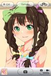  alternate_hairstyle blush bow braid brown_hair clearite earrings fake_screenshot green_eyes hair_bow hair_ribbon harumi_kajika harumi_sawara harumi_shinju idolmaster idolmaster_cinderella_girls jewelry long_hair looking_at_viewer necklace open_mouth phone_screen pikapikapop ribbon shibuya_rin smile solo sweatdrop tokyo_7th_sisters twin_braids 