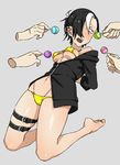  arms_behind_back barefoot bikini black_hair black_hood blush breasts candy earrings food jewelry kamezaemon kneeling lollipop multicolored_hair navel off_shoulder open_mouth original ponytail sexually_suggestive short_hair small_breasts swimsuit thigh_strap two-tone_hair underboob unzipped white_hair 