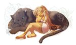  1girl anklet barefoot bayneezone black_panther blonde_hair bracelet breasts dress feet jewelry long_hair original panther ponytail sideboob simple_background sleeping 