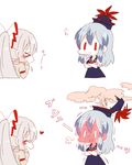  &gt;_&lt; :d blush breasts cleavage closed_eyes crossed_arms dress expressive_clothes fujiwara_no_mokou full-face_blush hat heart kamishirasawa_keine long_hair medium_breasts multiple_girls open_mouth red_eyes silver_hair six_(fnrptal1010) smile steam touhou translated trembling very_long_hair white_hair yuri |_| 