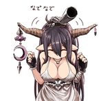  ahoge bandages black_gloves black_hair breasts cleavage clenched_hands closed_eyes danua disembodied_limb draph dress fingerless_gloves gauntlets gloves granblue_fantasy highres horn_ornament horns jewelry kitiku large_breasts long_hair necklace petting pointy_ears red_eyes simple_background single_hand solo_focus translated white_background white_dress 