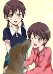  animal blush brown_eyes brown_hair casual christiane_barkhorn dog dress face_licking gertrud_barkhorn glowing happy licking long_hair maiko_(fw190dmaikogma1) multiple_girls neck_ribbon one_eye_closed petting polo_shirt ribbon short_hair siblings sisters strike_witches twintails world_witches_series 