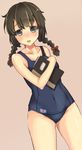  black_eyes black_hair book braid commentary_request highres isonami_(kantai_collection) kantai_collection kogetsu_azami long_hair one-piece_swimsuit open_mouth ribbon school_swimsuit sidelocks smile solo swimsuit twin_braids 