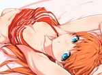  armpits arms_behind_head arms_up bangs bed_sheet blue_eyes bottomless breasts camisole clearite collarbone covered_nipples eyelashes from_behind long_hair looking_at_viewer lying makeup mascara medium_breasts neon_genesis_evangelion on_back orange_hair out-of-frame_censoring red_shirt revision shirt solo souryuu_asuka_langley spaghetti_strap striped striped_shirt torn_clothes 