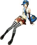  1girl atlus belt boots elbow_gloves fingerless_gloves gloves green_eyes hat lowres marie_(persona_4) necktie persona persona_4 persona_4_the_golden pleated_skirt shirt short_hair simple_background skirt sleeveless sleeveless_shirt solo striped striped_legwear 