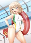  ayato blonde_hair blue_eyes breasts competition_swimsuit covered_navel covered_nipples fang girls_und_panzer highres innertube katyusha md5_mismatch one-piece_swimsuit revision short_hair small_breasts solo swimsuit 