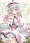  blue_eyes blue_hair blush border colored_pencil_(medium) floral_background gradient gradient_background hand_on_own_chest hat head_tilt leaf long_sleeves looking_at_viewer marker_(medium) merlin_prismriver open_mouth petticoat potto sample short_hair skirt skirt_set solo sun_(symbol) touhou traditional_media watercolor_(medium) 