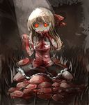  alternate_hair_length alternate_hairstyle bad_id bad_pixiv_id berver blonde_hair blood blood_on_face bloody_clothes bloody_hair bloody_hands bow constricted_pupils food glowing glowing_eyes hair_bow hand_to_own_mouth horror_(theme) long_hair looking_at_viewer meat orange_eyes rumia short_sleeves sitting sketch skirt spotlight staring touhou 
