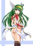  ahoge arm_guards ass awakening_(sennen_sensou_aigis) breasts brown_eyes carrie_(sennen_sensou_aigis) commentary_request cowboy_shot flat_ass from_side gloves green_hair hairband head_wings highres large_breasts long_hair looking_back no_panties open_mouth sennen_sensou_aigis shoulder_pads sideboob solo thighhighs tsubakiyama_parry white_gloves 