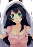  absurdres agano_(kantai_collection) baffu black_hair blanket blush breasts casual cleavage collarbone d: green_eyes highres kantai_collection long_hair looking_at_viewer medium_breasts open_mouth pink_shirt shirt short_sleeves solo upper_body 