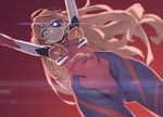  bangs blurry bodysuit breasts covered_navel cowboy_shot crotch depth_of_field dutch_angle frown glowing glowing_eye gradient gradient_background headgear heterochromia hips long_hair looking_at_viewer looking_down neon_genesis_evangelion orange_hair outstretched_arms pilot_suit plugsuit purple_eyes rebuild_of_evangelion red_background shikinami_asuka_langley small_breasts solo souryuu_asuka_langley tatsuwo turtleneck very_long_hair yellow_eyes 