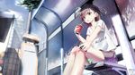  2015 absurdres bare_legs blush brown_eyes brown_hair building bus_stop casual cellphone cellphone_charm character_name city clothes_writing cup dated disposable_cup drinking_straw from_below gekota highres holding holding_cup holding_phone kentllaall keychain long_legs looking_at_viewer misaka_mikoto outdoors outstretched_arm parted_lips phone shirt short_hair signature sitting skirt skyscraper smartphone solo t-shirt to_aru_kagaku_no_railgun to_aru_majutsu_no_index white_shirt 