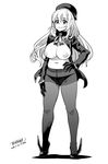  atago_(kantai_collection) belly blush breasts crotch_seam gloves greyscale hat highres kantai_collection large_breasts long_hair looking_at_viewer monochrome panties panties_under_pantyhose pantyhose smile solo tachibana_roku underwear 