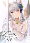  1girl animal_ears bangs black_ribbon blue_flower blue_rose blunt_bangs blurry blurry_background blush collarbone commentary_request copyright_name cover cover_page depth_of_field dress erune eyebrows_visible_through_hair flower granblue_fantasy grey_hair hair_flower hair_ornament hair_ribbon head_tilt highres korwa long_hair long_sleeves looking_at_viewer myusha parted_lips purple_eyes ribbon rose silver_hair sleeves_past_wrists smile solo sparkle sweater upper_body very_long_hair white_dress window 