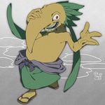  commentary_request dated green_hair long_hair long_nose looking_at_viewer nagabana no_humans open_mouth sandals sg_(suuchan) solo standing twitter_username yellow_skin youkai youkai_watch 