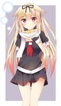  bad_id bad_pixiv_id black_ribbon black_skirt blonde_hair derivative_work error fingerless_gloves gloves hair_flaps hair_ribbon highres kantai_collection long_hair neckerchief pleated_skirt red_eyes remodel_(kantai_collection) reversed ribbon ro-ichi scarf short_sleeves skirt solo white_scarf yuudachi_(kantai_collection) 