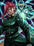  earrings gakuran gradient gradient_background grey_eyes hierophant_green jewelry jojo_no_kimyou_na_bouken kakyouin_noriaki megane_man red_hair scar scar_across_eye school_uniform serious stand_(jojo) 