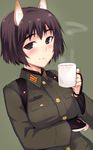  animal_ears blush breast_hold breasts brown_eyes brown_hair cup em green_background katou_takeko long_sleeves military military_uniform mug short_hair smile solo suggestive_fluid uniform upper_body world_witches_series 