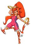  bad_id bad_tumblr_id bangle barefoot big_hair bigdead93 bodysuit bracelet breasts dancing din full_body highres jewelry long_hair neck_ring orange_eyes orange_hair pink_bodysuit pointy_ears ribbon simple_background small_breasts solo the_legend_of_zelda the_legend_of_zelda:_oracle_of_ages the_legend_of_zelda:_oracle_of_seasons very_long_hair 