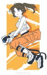  aperture_science_handheld_portal_device bare_shoulders boots breasts brown_eyes brown_hair chell d: highres jumpsuit long_fall_boots medium_breasts open_mouth pale_skin ponytail portal portal_(series) sandragh solo v-shaped_eyebrows 
