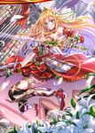  armor armored_dress black_legwear blonde_hair blue_eyes breasts chinese_commentary commentary_request dress dual_wielding flower gauntlets greaves highres holding lily_(flower) long_hair medium_breasts original petals pointy_ears smile solo stained_glass sword swordsouls thighhighs weapon 