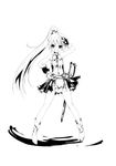  belt boots dress eien_no_aselia eternity_sword_series fang greyscale highres hitomaru long_hair monochrome nelie_b_lasfolt open_mouth panties ponytail ribbon salute sheath sheathed short_dress sleeveless smile solo sword underwear very_long_hair weapon 