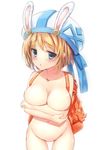  :o animal_ears backpack bag blonde_hair blue_eyes blush breasts bunny_ears covering covering_breasts cowboy_shot embarrassed groin hat large_breasts looking_at_viewer nude open_mouth parted_lips paula_(sennen_sensou_aigis) sa_ka sennen_sensou_aigis short_hair simple_background solo standing white_background 