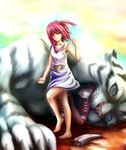  animal bare_legs barefoot beast broken_tooth dress fang highres jewelry magi_the_labyrinth_of_magic marshcold morgiana necklace red_eyes red_hair white_dress 